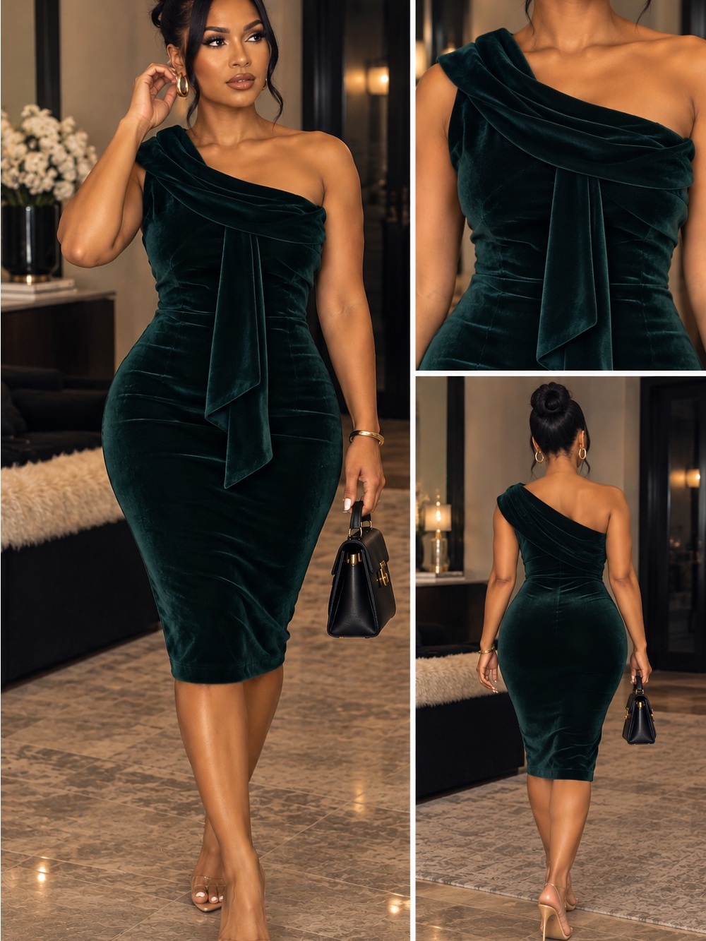 ASOS One-Shoulder Velvet Midi Dress in Deep Emerald